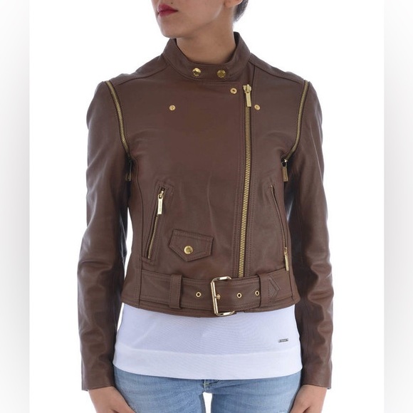 Michael Kors Biker 2 in 1 convertible vest brown leather jacket gold hardware - Picture 12 of 15